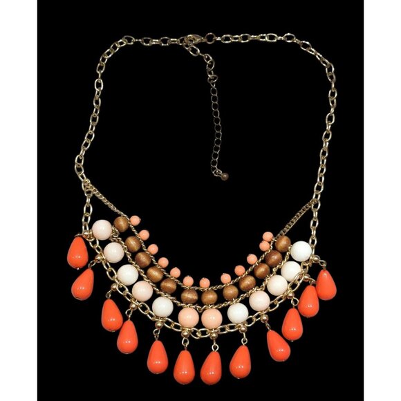 Retro Bohemian Orange And Pink Beaded Fringe Bib Necklace - Picture 1 of 6
